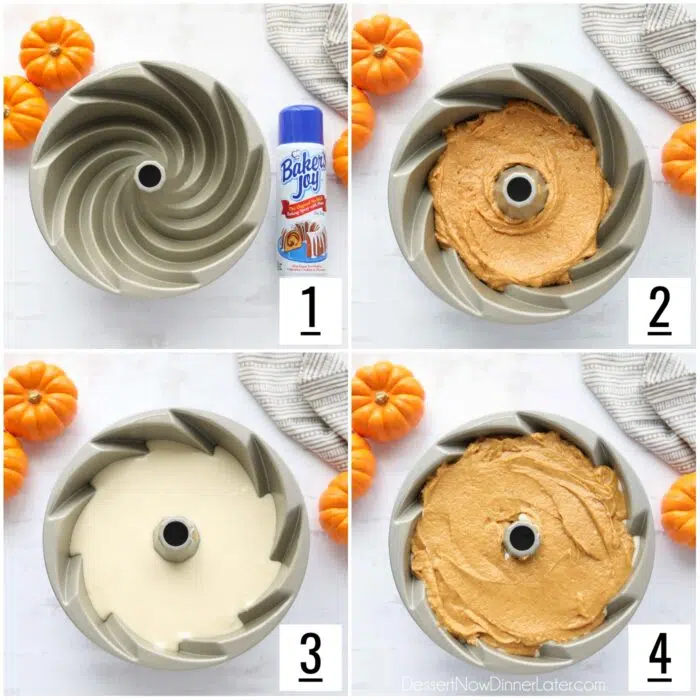 Steps to fill bundt pan with pumpkin cream cheese cake.