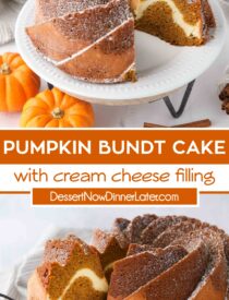 Pinterest collage for Pumpkin Bundt Cake med kremostfyll med to bilder og tekst i midten.