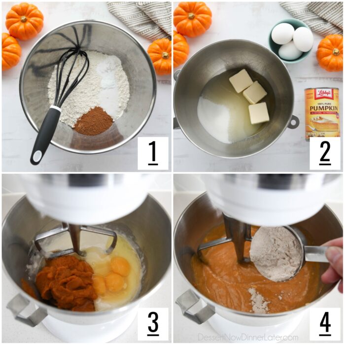 Steps to make pumpkin cake batter.