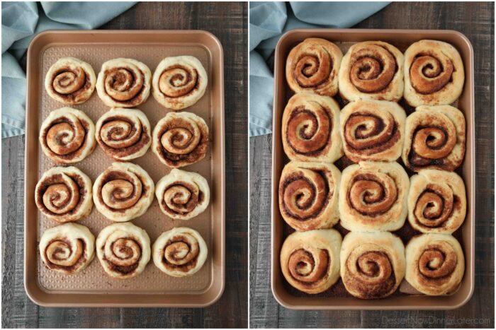 Before and after baking homemade cinnamon rolls.