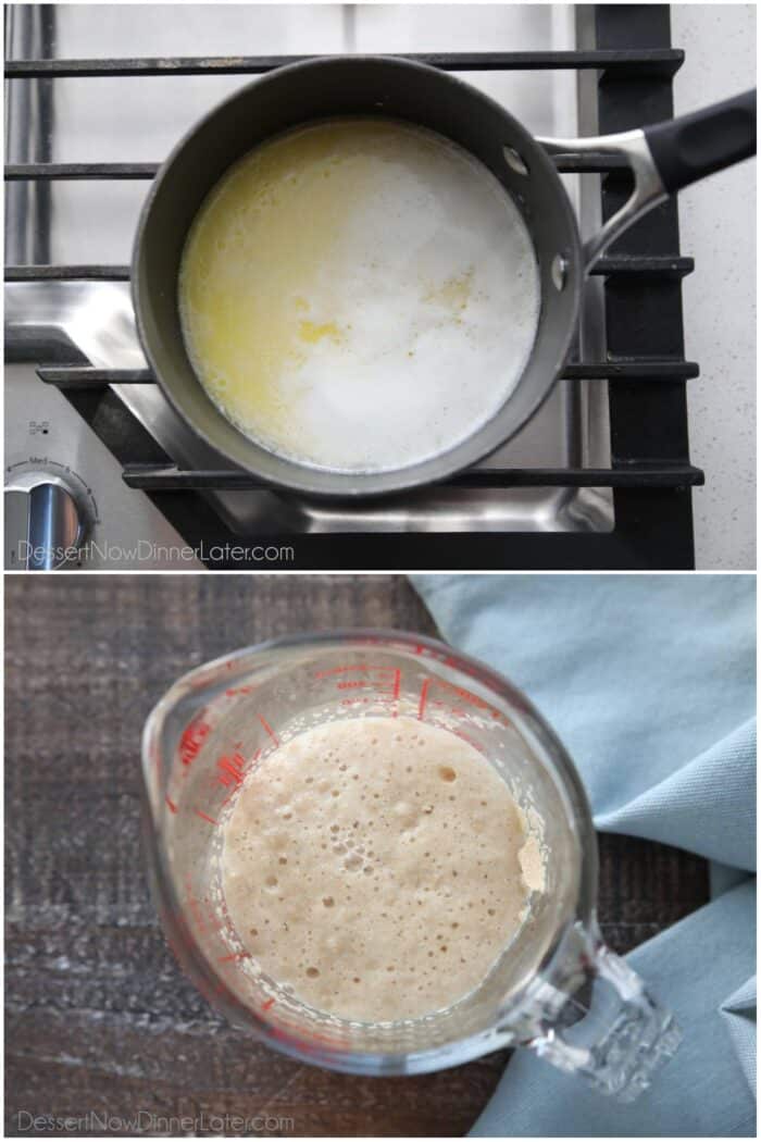 Two images. Scalded milk with butter and sugar. Bloomed yeast in a glass measuring cup.
