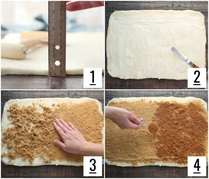 Steps to fill cinnamon rolls.