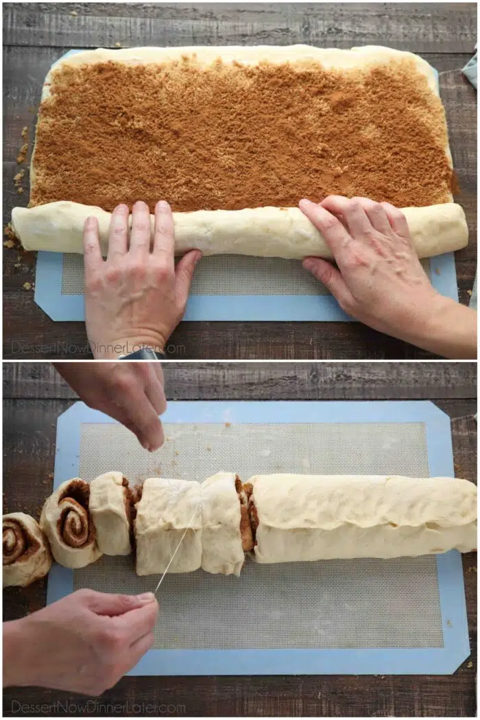 Steps to roll and cut cinnamon rolls.