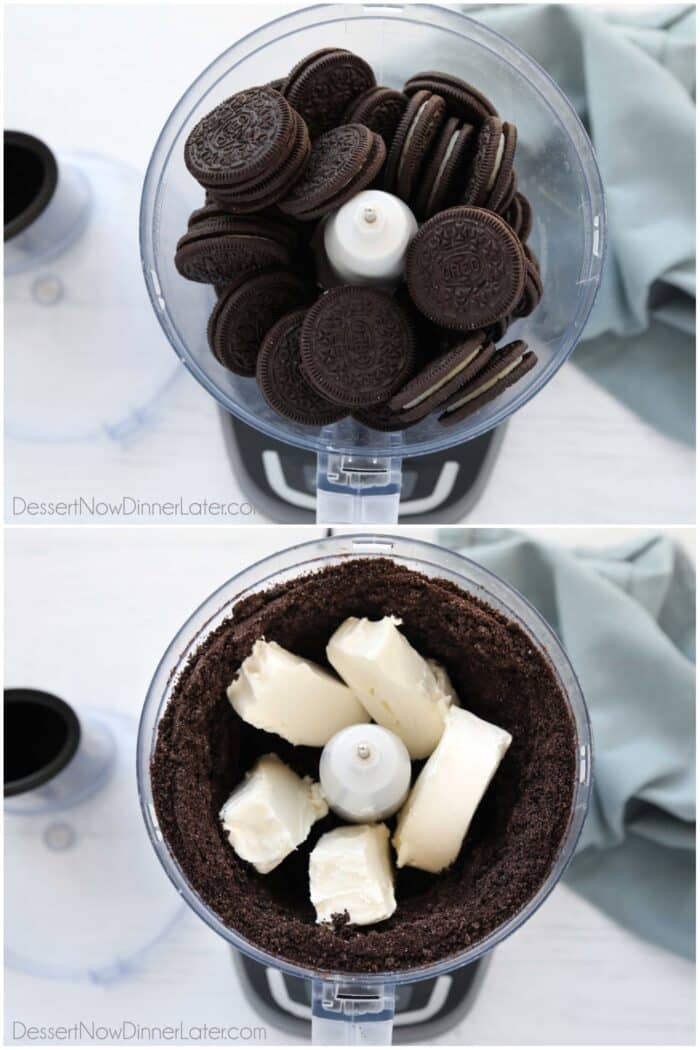 Dvije slike. Oreos u multipraktiku. Zatim izmiksajte Oreos sa krem sirom.