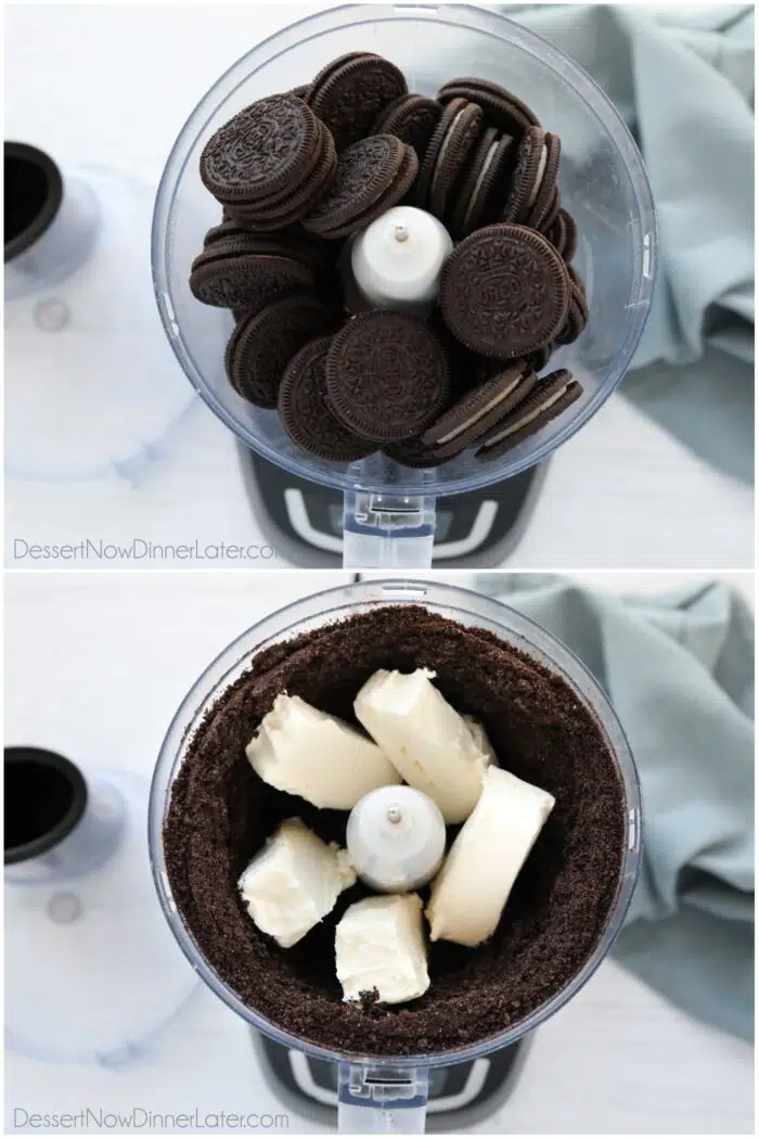 Two images. Oreos in a food processor. Then blended Oreos with cream cheese.