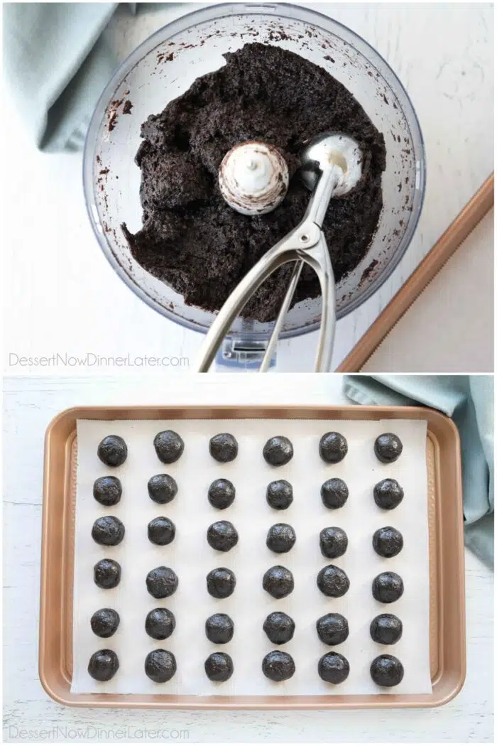 Two images. Oreo truffle filling in the food processor. Oreo filling rounded into balls on a tray.