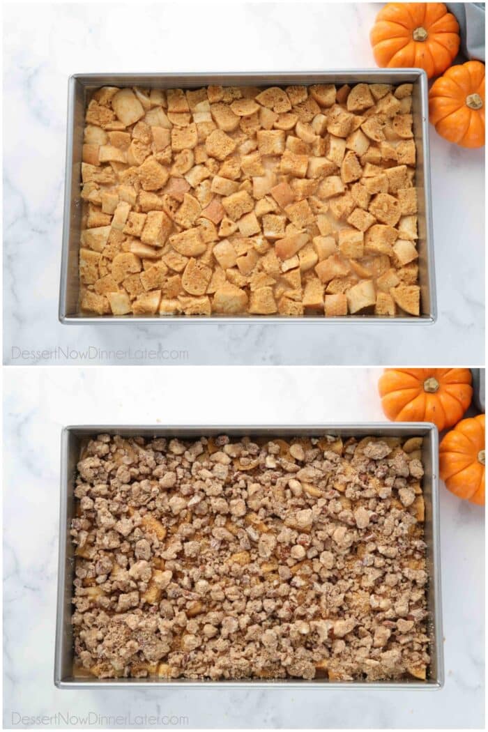 Two image collage. Top: Cubed bread soaking in pumpkin custard. Bottom: Streusel sprinkled on top.