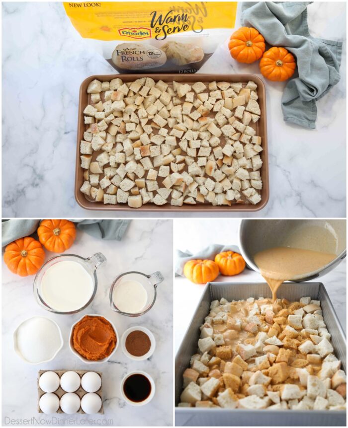 Three image collage. Bread cubes on a tray. Measured ingredients. Pumpkin custard being poured over bread.