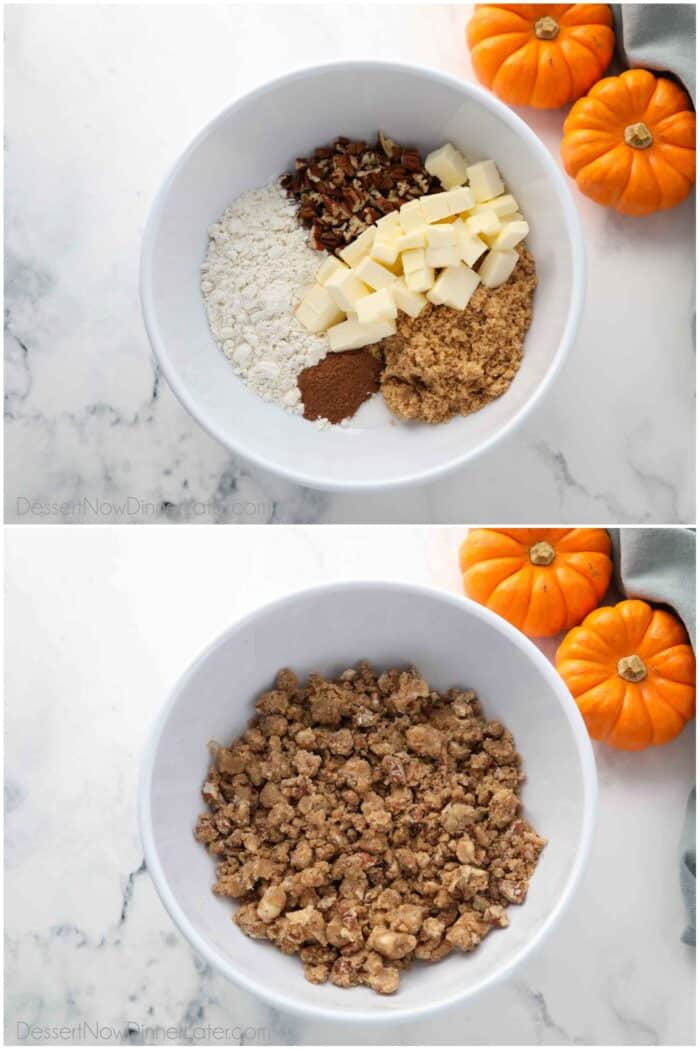 Two image collage. Top: Ingredients for streusel in a bowl. Bottom: Ingredients mixed together.