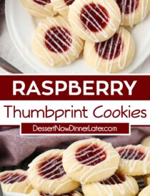 Pinterest collage for Raspberry Thumbprint Cookies with two images and text in the center.