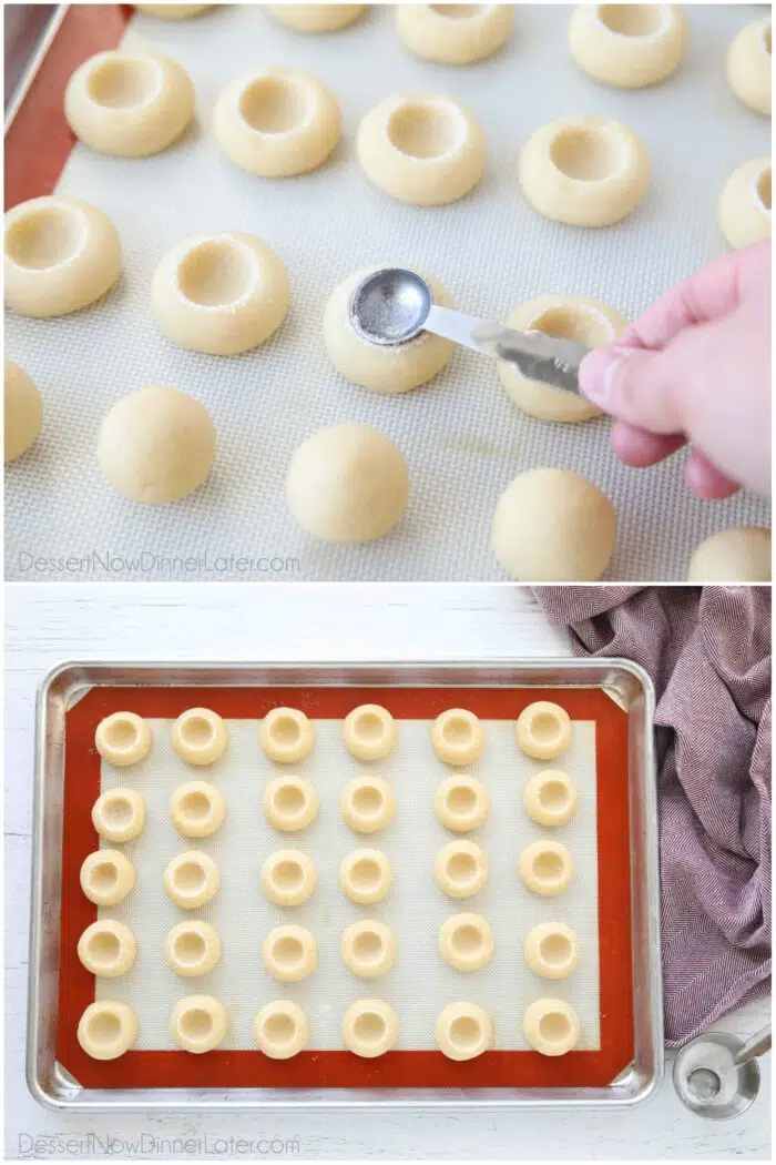 Pressing wells into cookie dough with the back of a measuring spoon.