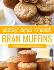 Pinterest collage for All Bran Muffins Recipe with two images and text in the center.