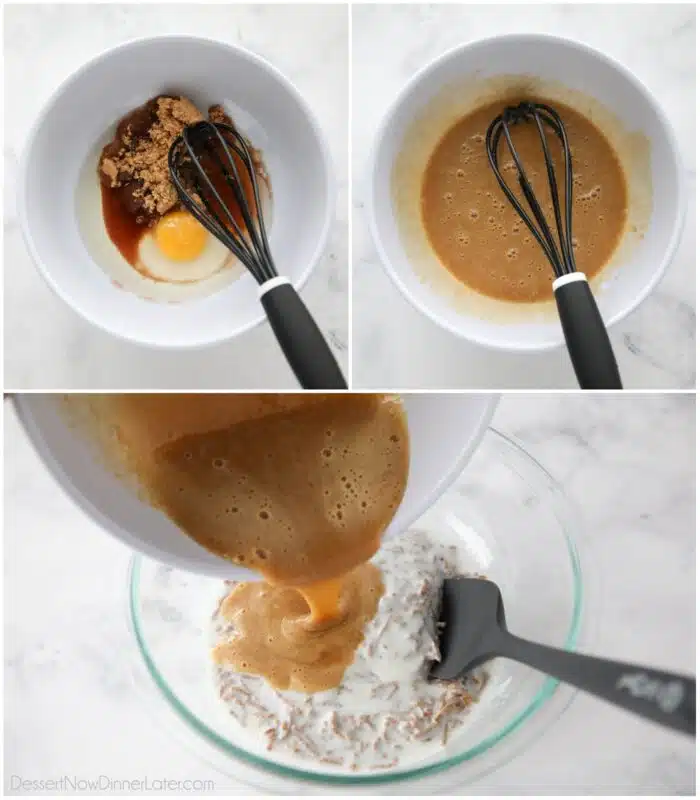 Wet ingredients being mixed into the soaked bran cereal.