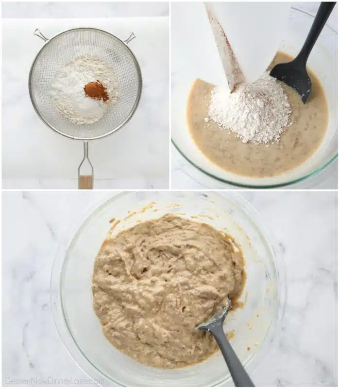 Dry ingredients being added to the bran muffin batter.