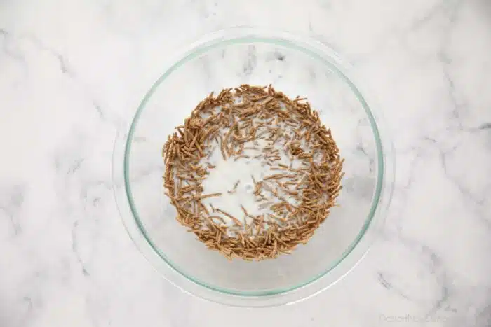 All Bran Cereal being soaked in a bowl with buttermilk.