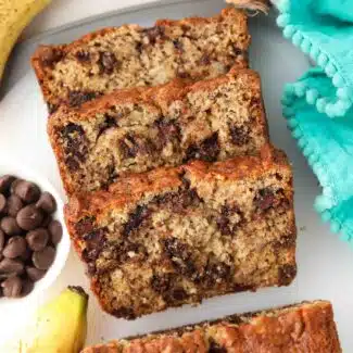 Slices of banana bread with chocolate chips inside.