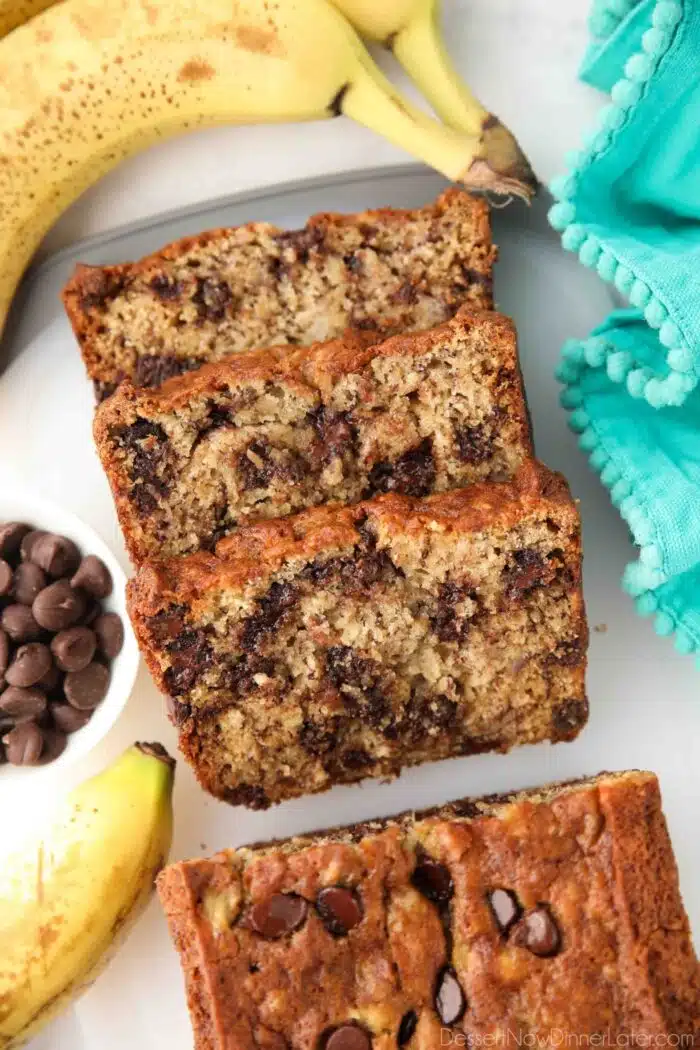 Slices of banana bread with chocolate chips inside.