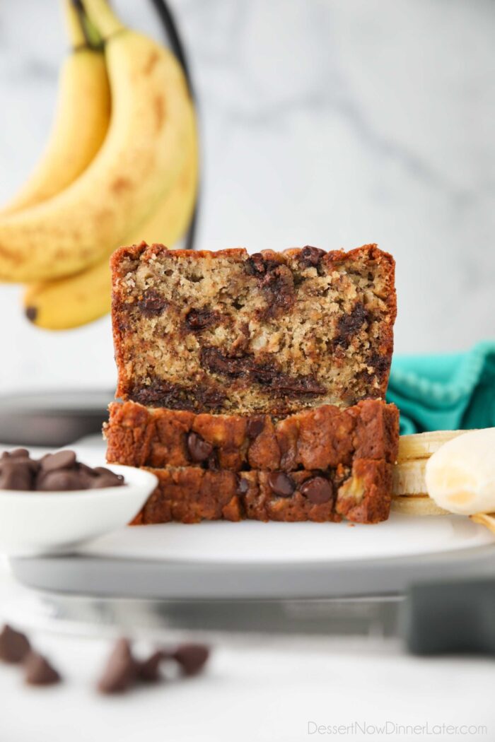 Banana Bread cut open to show chocolate chips inside.