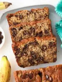 Slices of banana bread with chocolate chips inside.