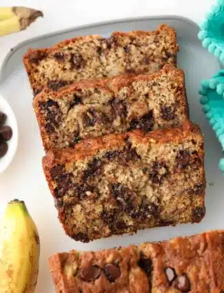 Slices of banana bread with chocolate chips inside.