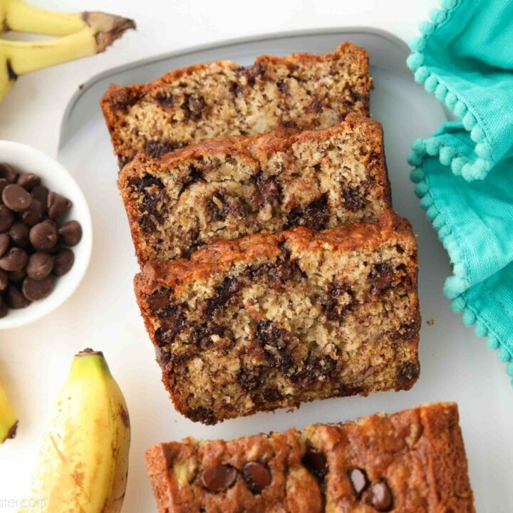 Slices of banana bread with chocolate chips inside.