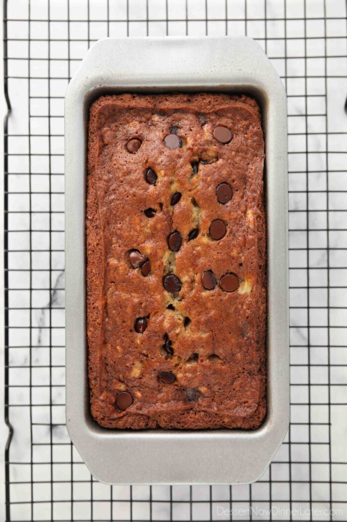 Loaf of chocolate chip banana bread in pan.