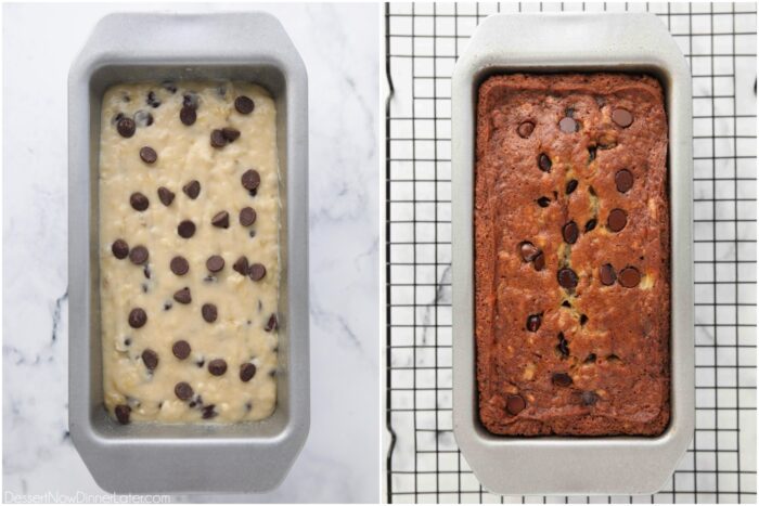 Before and after baking chocolate chip banana bread.