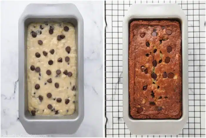 Before and after baking chocolate chip banana bread.