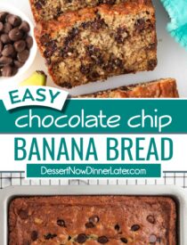 Pinterest collage for Easy Chocolate Chip Banana Bread with two images and text in the center.
