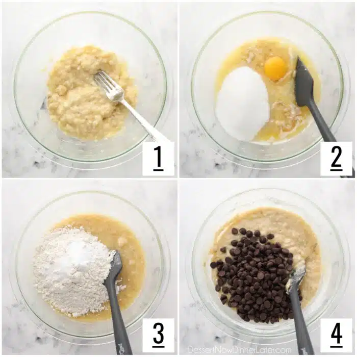 Steps to make chocolate chip banana bread in one bowl.