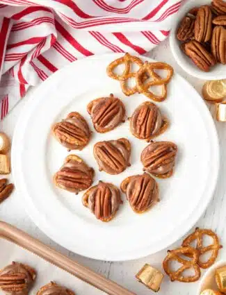 Rolo Pretzel Bites - pretzels topped with Rolo candies and pecans.