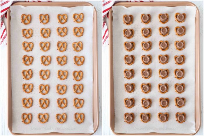 Pretzels on a tray. Then topped with Rolo candies.