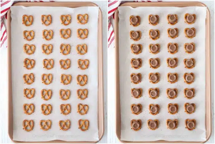 Pretzels on a tray. Then topped with Rolo candies.