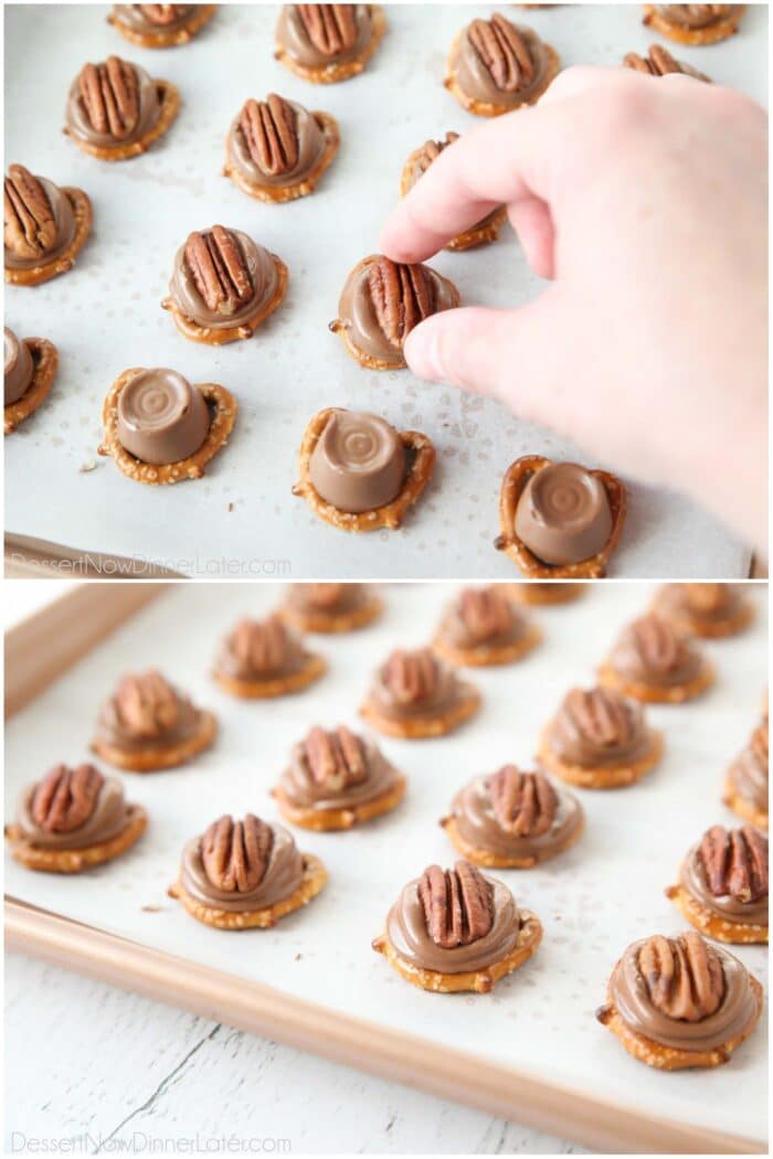 Pecans being pressed into melted Rolo candies on top of pretzels to make Rolo Pretzel Bites.