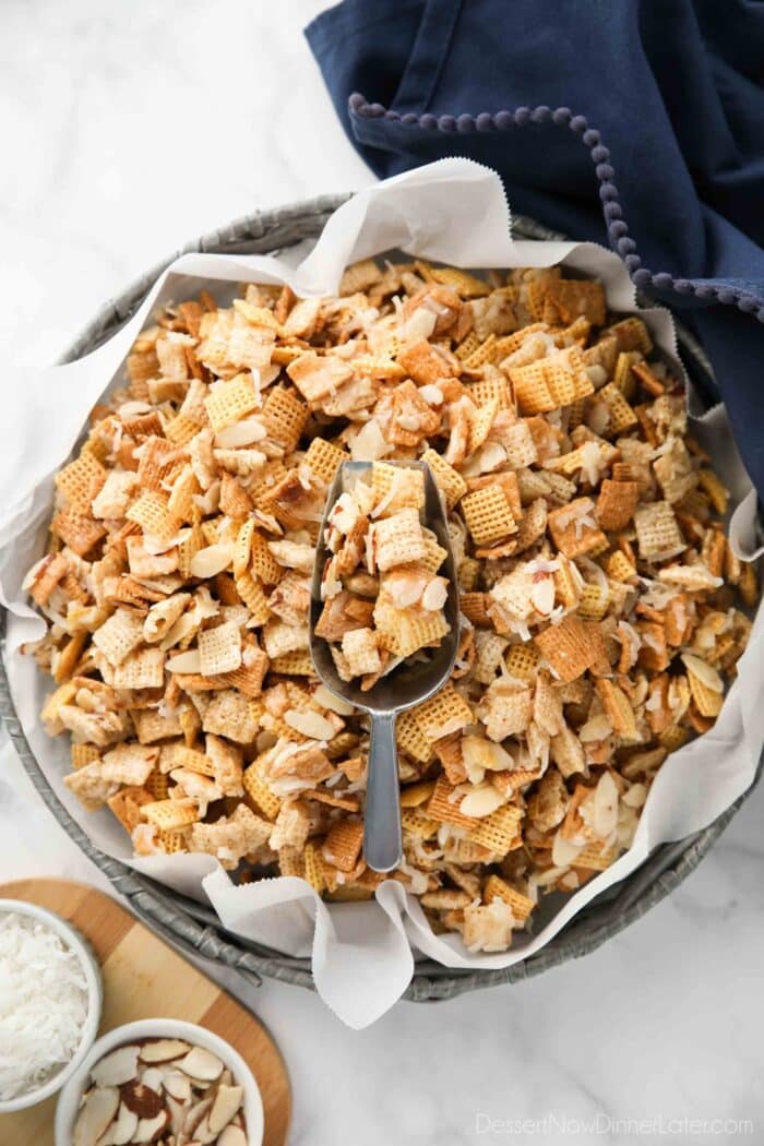 Sweet Chex Mix with a scoop.