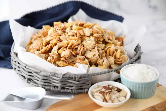 Gooey Chex Mix with coconut and almonds.