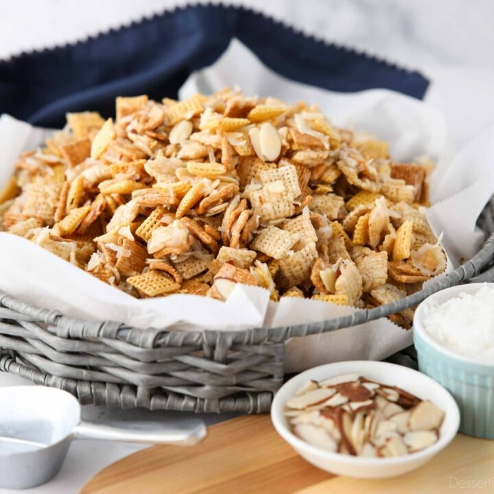 Gooey Chex Mix with coconut and almonds.