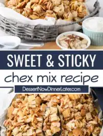 Pinterest collage for Sweet Chex Mix Recipe with two images and text in the center.