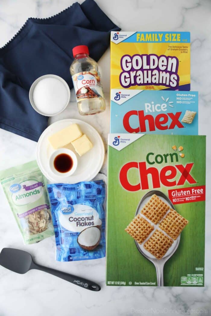 Ingredients for sweet Chex mix recipe.