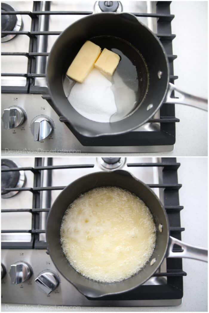 Lonac sa šećerom, kukuruznim sirupom i maslacem koji se kuhaju na štednjaku.