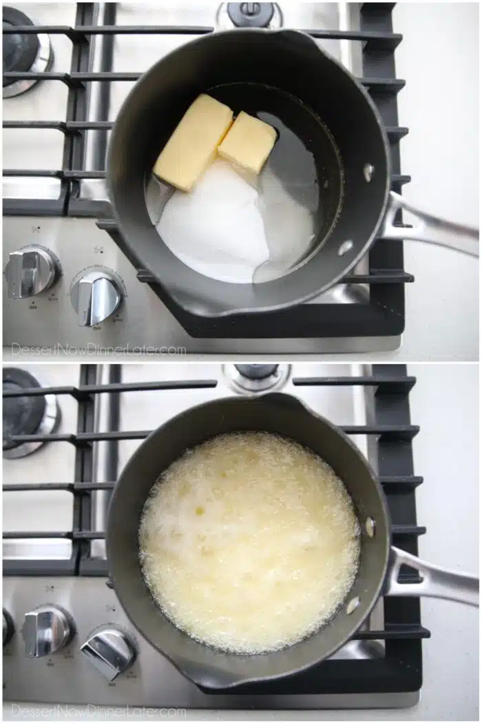 Saucepan with sugar, corn syrup, and butter being boiled on the stove.
