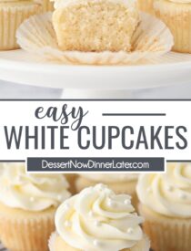 Pinterest collage til Easy White Cupcakes med to billeder og tekst i midten.