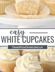 Pinterest collage for Easy White Cupcakes with two images and text in the center.