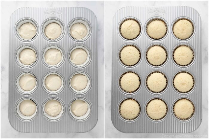 Hvide cupcakes før og efter bagning i en cupcakepande med papirliner.