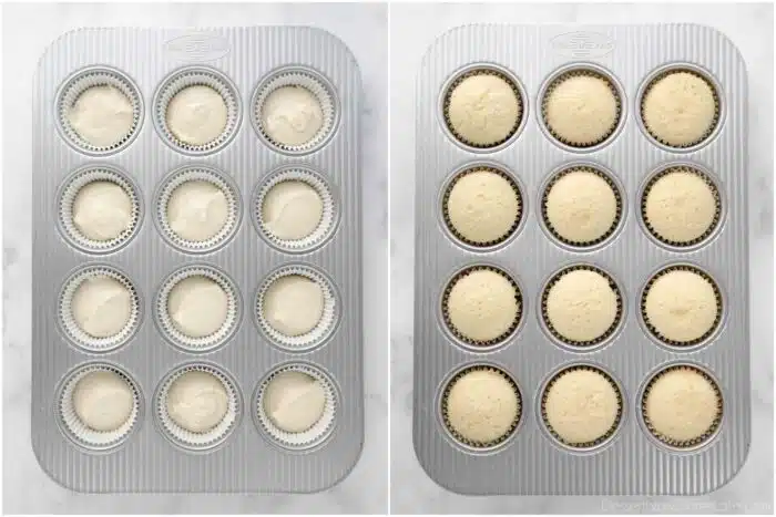 White Cupcakes before and after baking in a cupcake pan with paper liners.