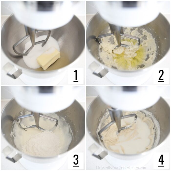 Steps to make white cake batter.