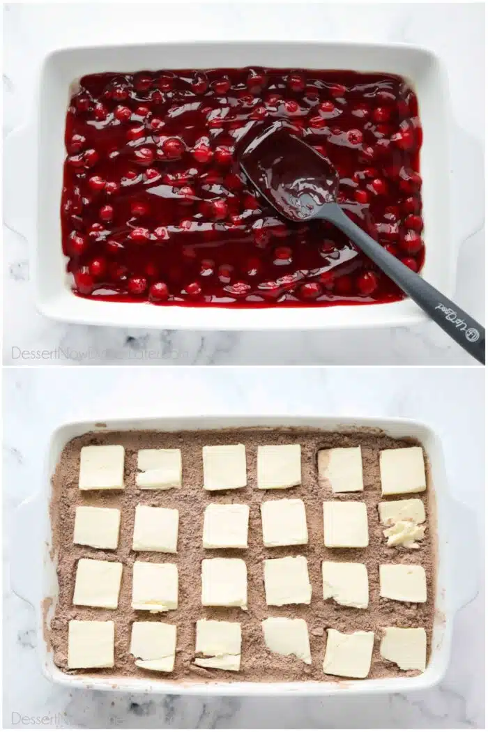 Steps to make chocolate cherry dump cake.