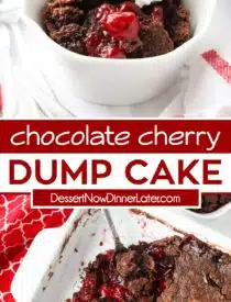 Pinterest collage for Chocolate Cherry Dump Cake with two images and text in the center.