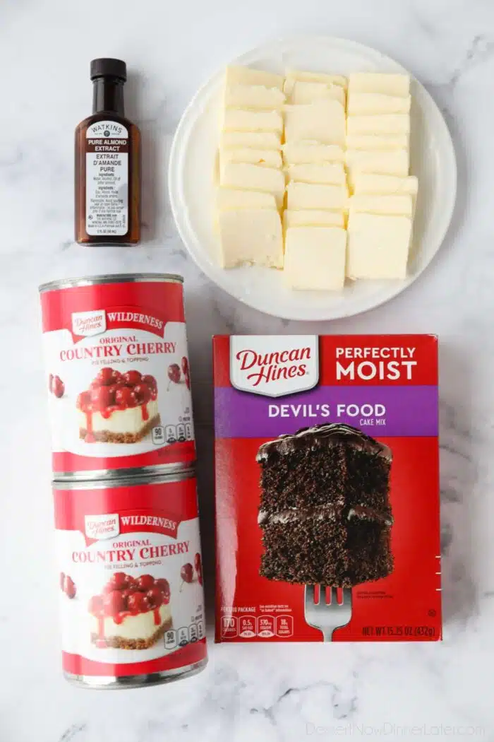 Ingredients to make chocolate cherry dump cake, aka cobbler.