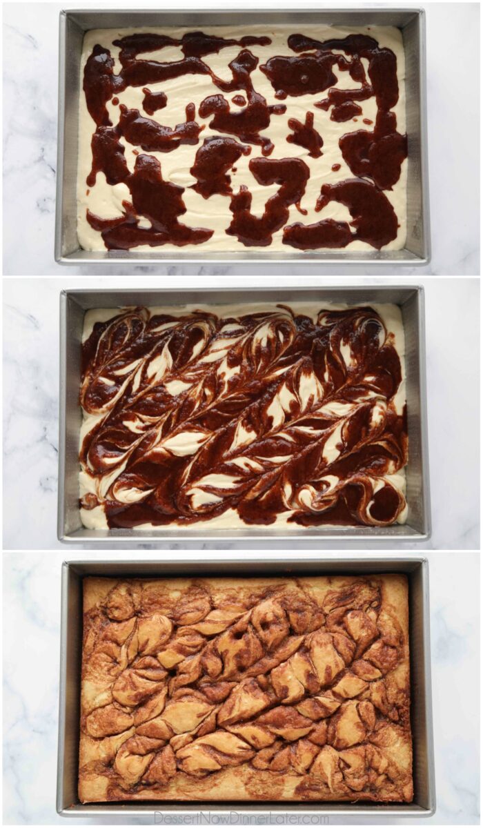 Steps to swirl cinnamon roll cake.